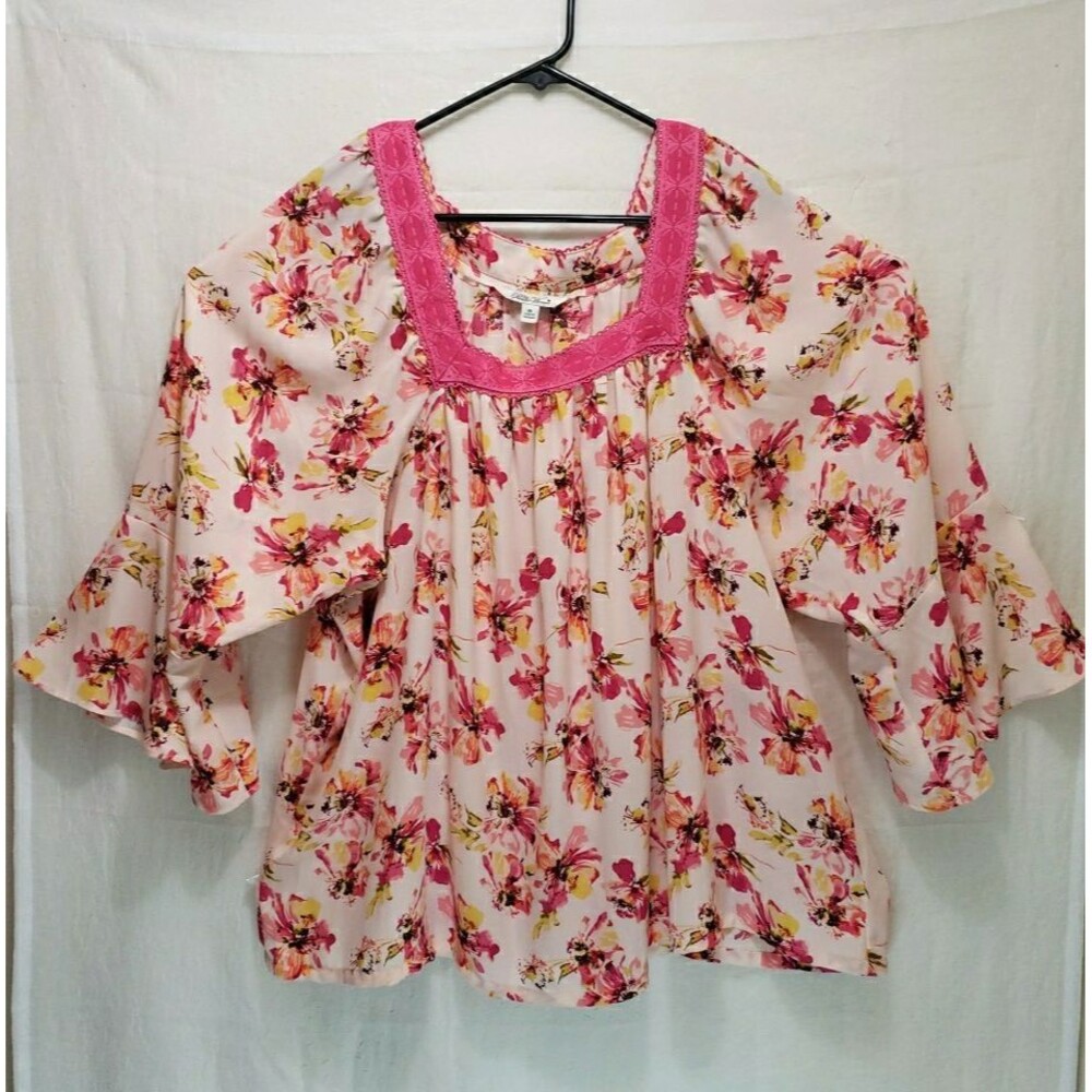The Pioneer Woman Size 3X Floral Square Neck Blouse Pink Lace Trim Bell Sleeve